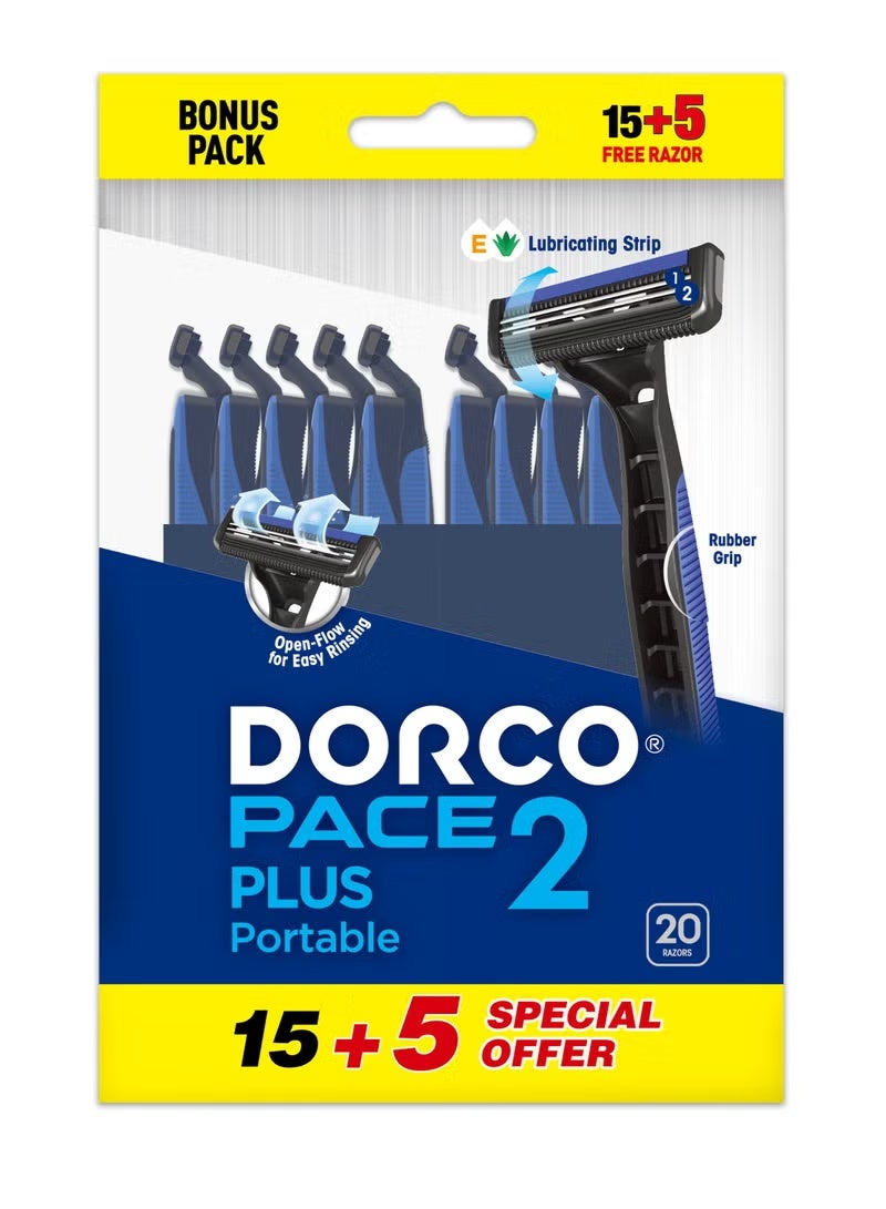 Dorco Pace 2 Plus Disposable Razors - Value Pack 20 Count (15+5 Free) - Pivot Head & Lubricating Strip - Image 1